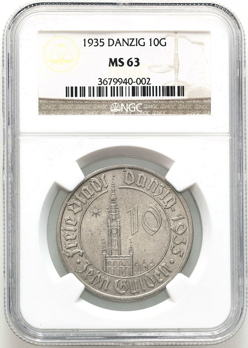 Wolne Miasto Gdańsk / Danzig. 10 Guldenów 1935 Ratusz NGC MS63 - RZADKIE